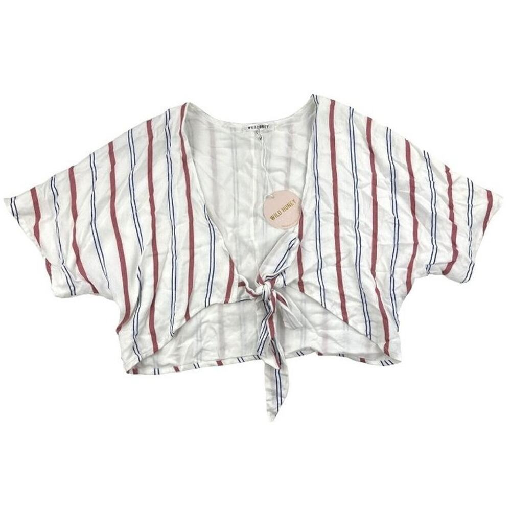 Wild Honey - Striped Tie Front Crop Top in White Red & Blue